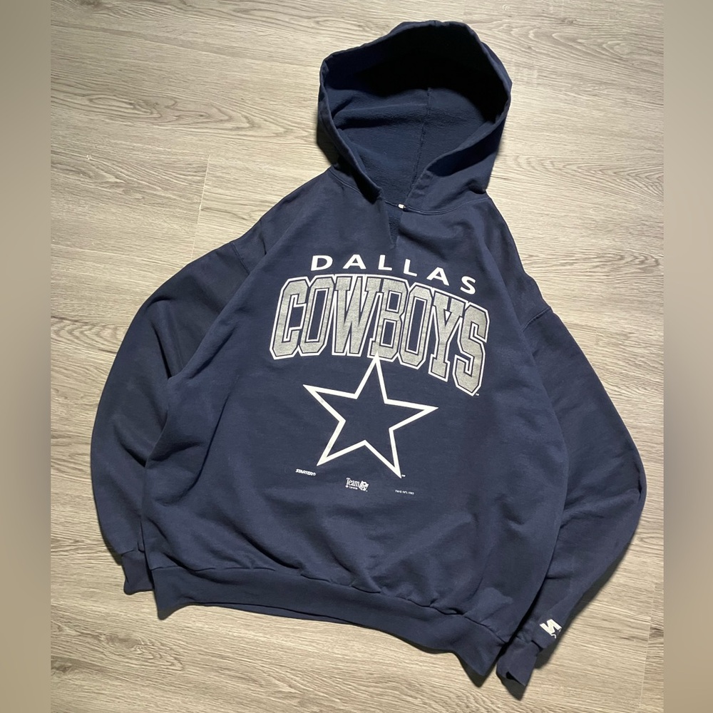 90s STARTER blue 1993 Dallas Cowboys Hoodie NFL football graphic big logo XL